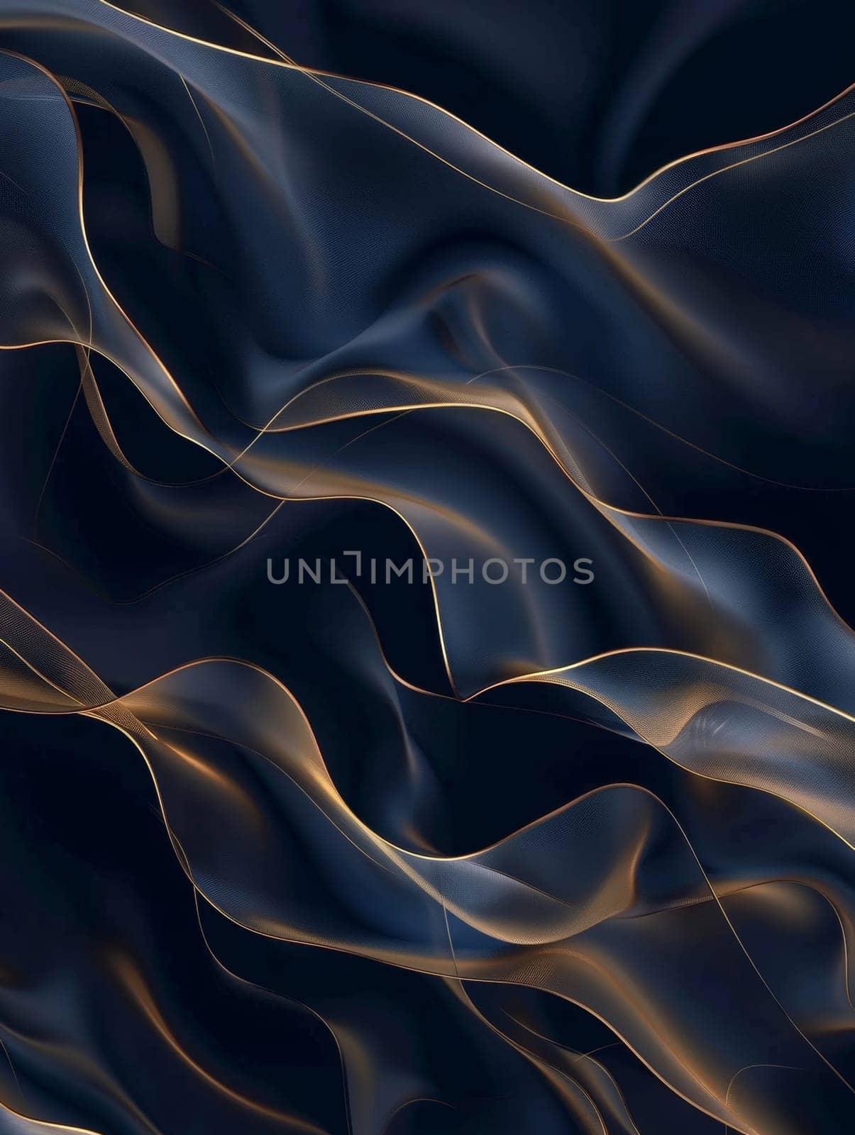 Midnight blue waves draped with golden silk ribbons create an abstract landscape of movement and luxury in this rich texture. Blue gold abstract wave lines background. by sfinks