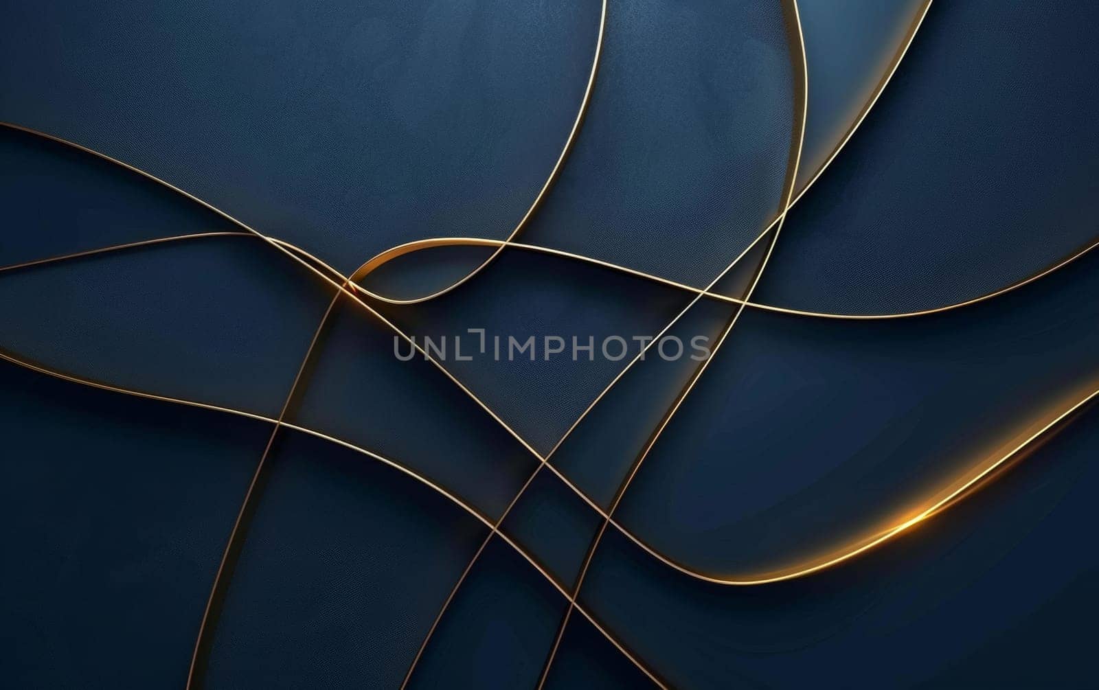 A contemporary design with fluid golden curves overlaying a dark blue backdrop, ideal for modern decor themes. Blue gold abstract wave lines background