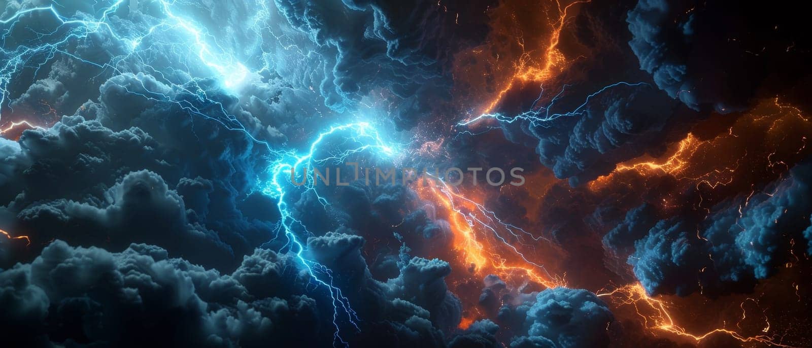 An electrifying widescreen image of dynamic clouds charged with bolts of lightning and fiery energy against a dark sky. 3d rendering colored lightning strike