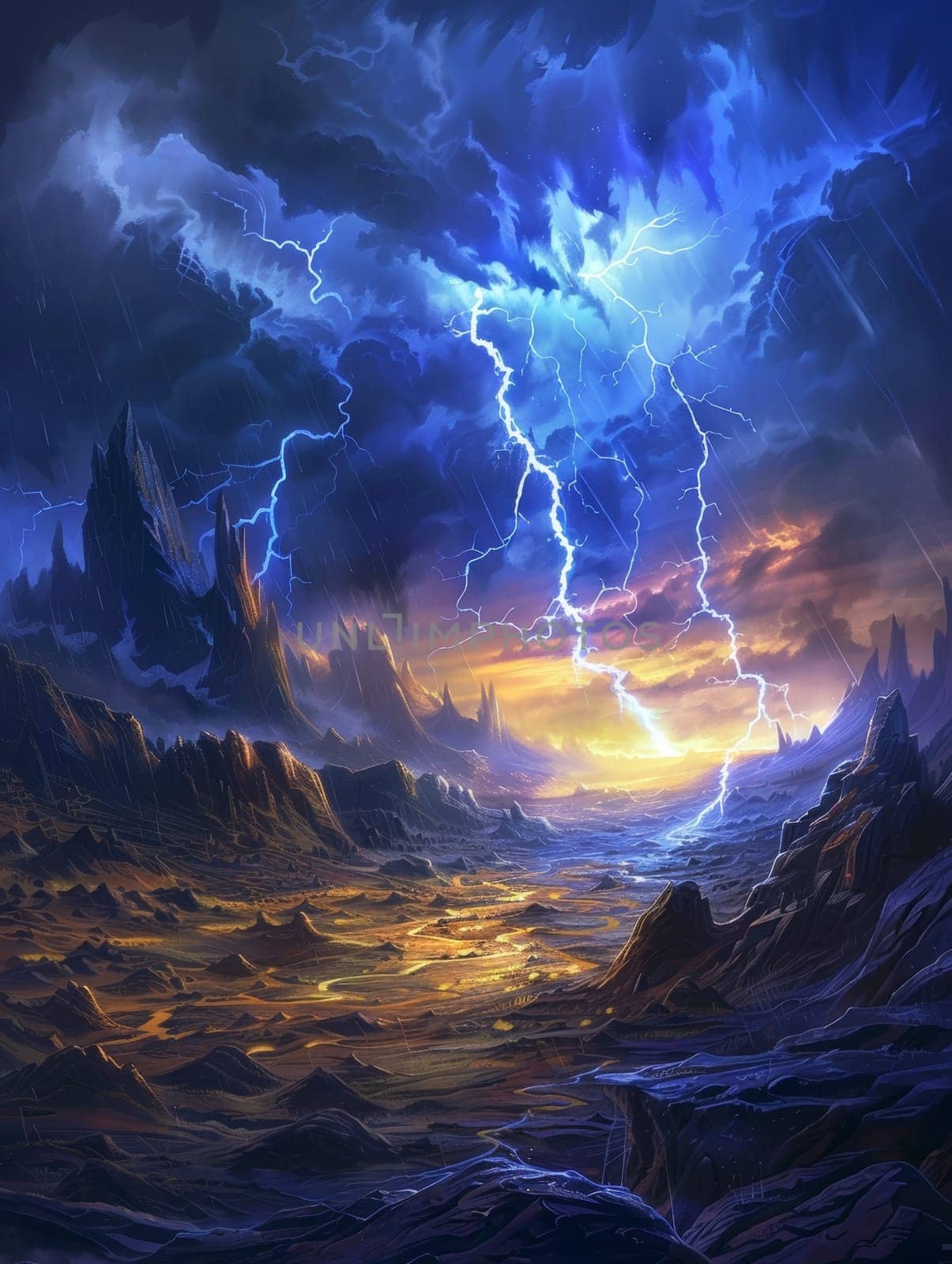 A celestial spectacle as lightning bolts tear through the stormy heavens above a barren wasteland. 3d rendering colored lightning strike