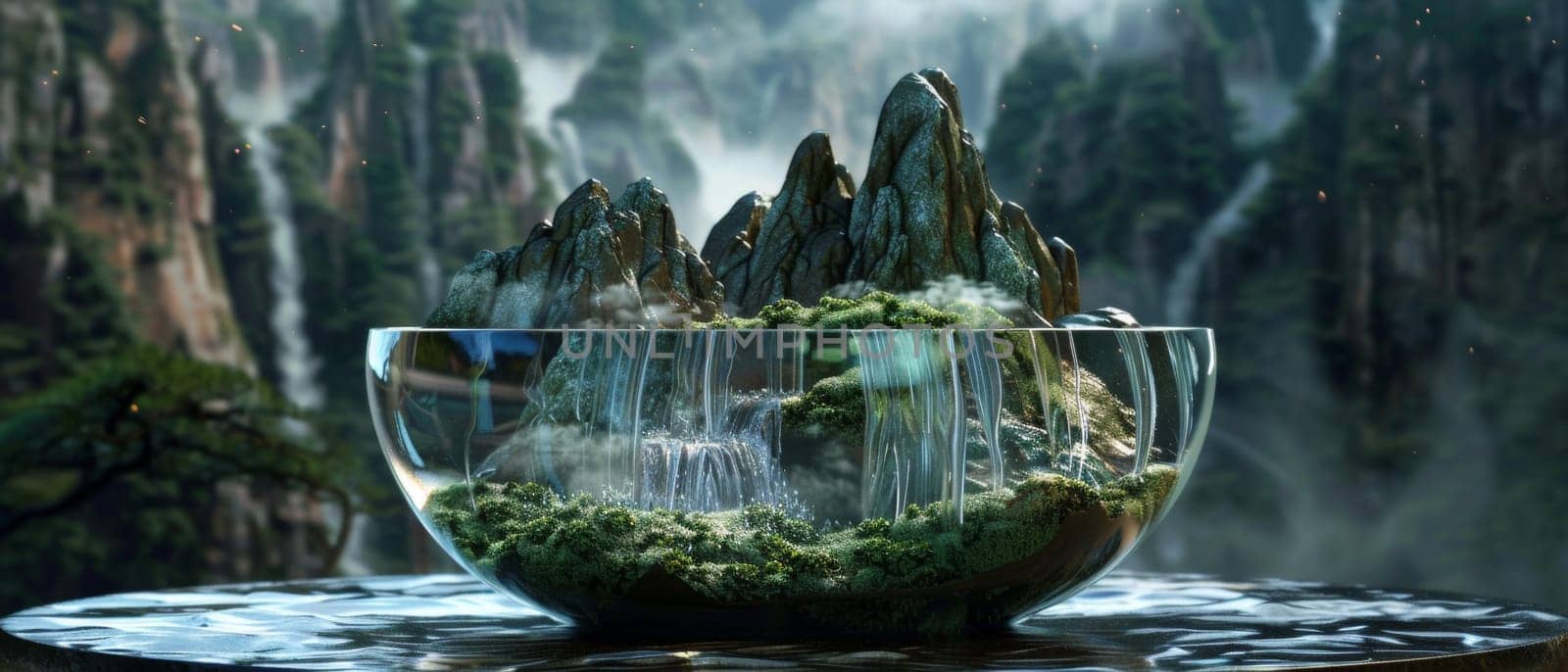 An expansive mountain vista with cascading waterfalls is artfully miniaturized within a sleek glass bowl, blending art with nature