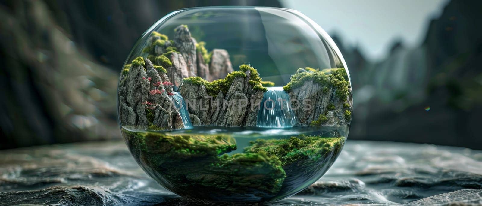 A tranquil terrarium portrays a peaceful miniature world, with a waterfall amidst rocky peaks, all encased within a clear glass globe. by sfinks