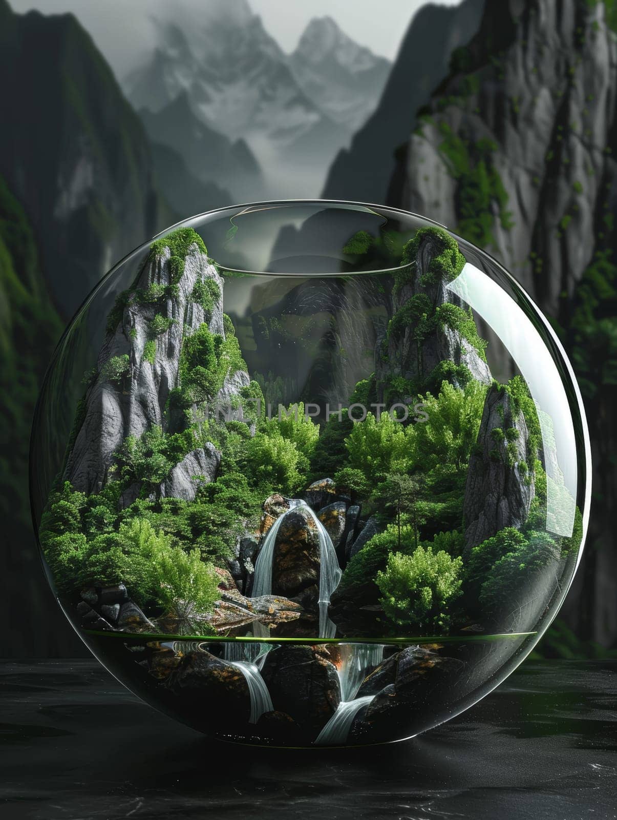This serene terrarium art piece showcases a miniature mountain waterfall surrounded by verdant trees, encased in a glass globe
