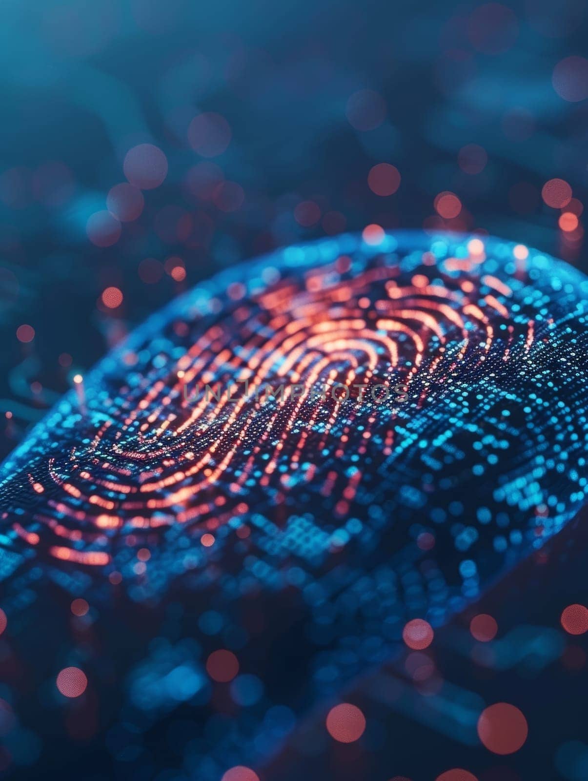 An abstract image of a fingerprint integrated with a digital network interface, highlighted in blue and red tones for a tech theme