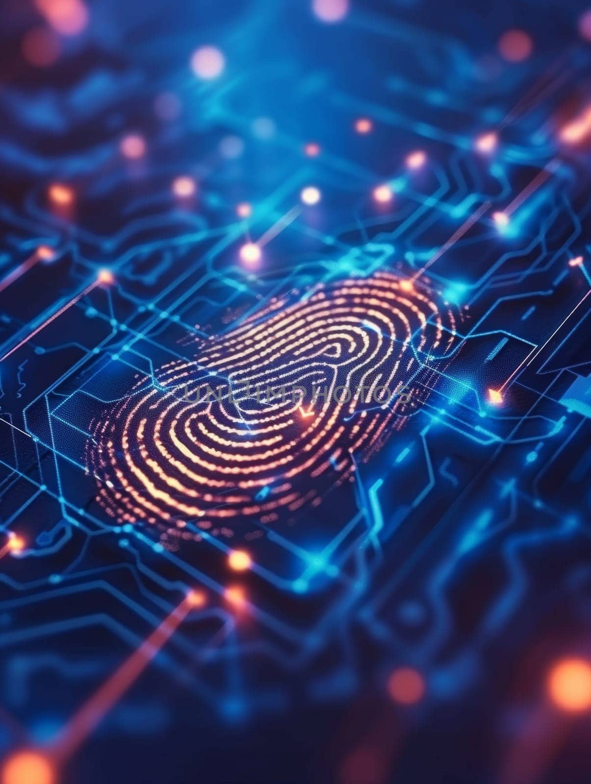 A glowing neon fingerprint on a background of blue digital circuits, illustrating themes of identity and cybersecurity in technology