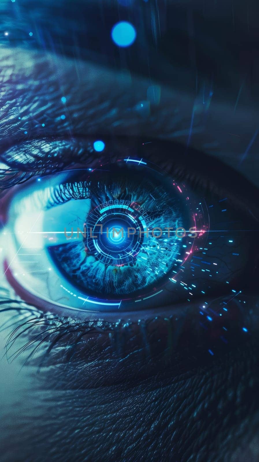 A close-up image of a human eye with a digital interface overlay, depicting futuristic biometric technology