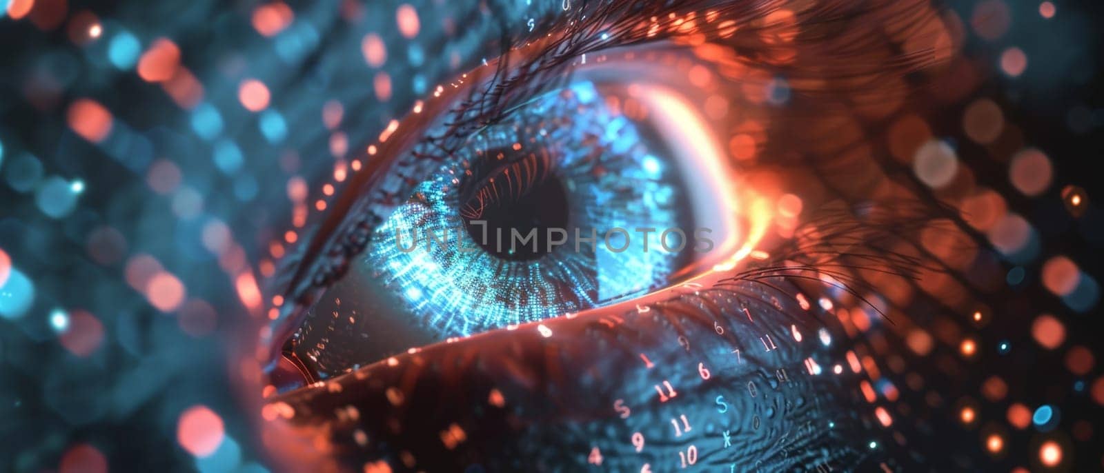 Close-up of an eye with red digital networks, conveying the concept of data analysis and cyber connection. by sfinks