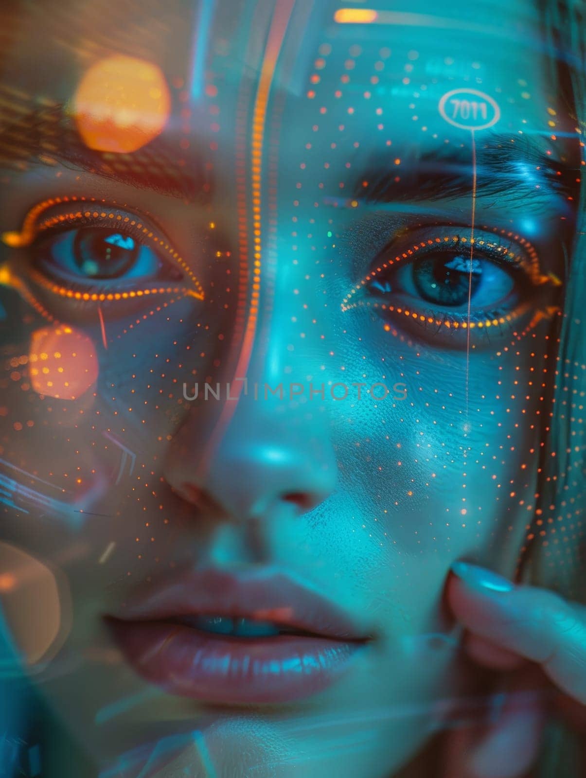 A female face overlaid with a cybernetic digital mesh, highlighting themes of AI and digital identity. by sfinks