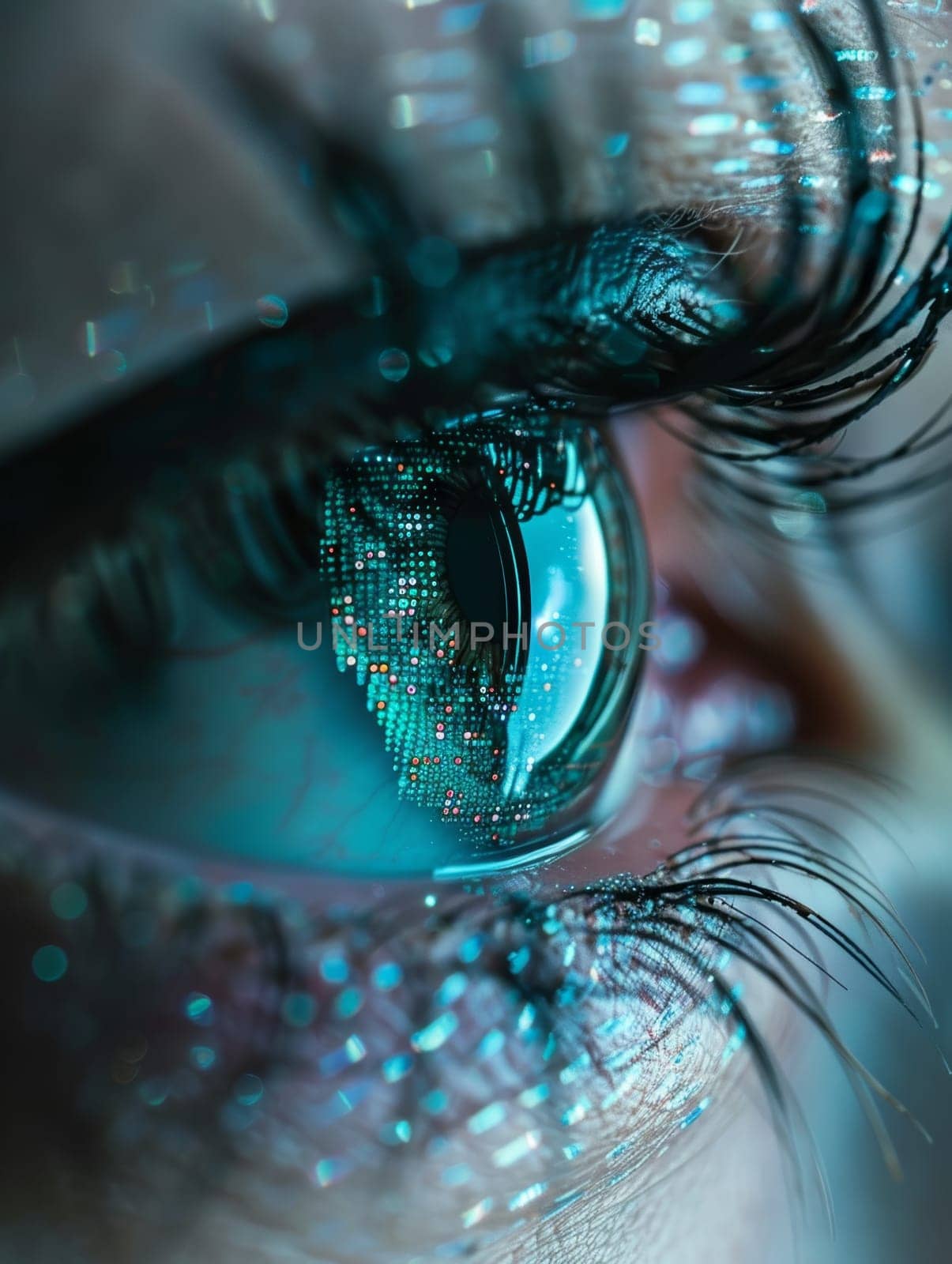 A captivating image of an eye, brilliantly illuminated with an array of cybernetic pixels and data points