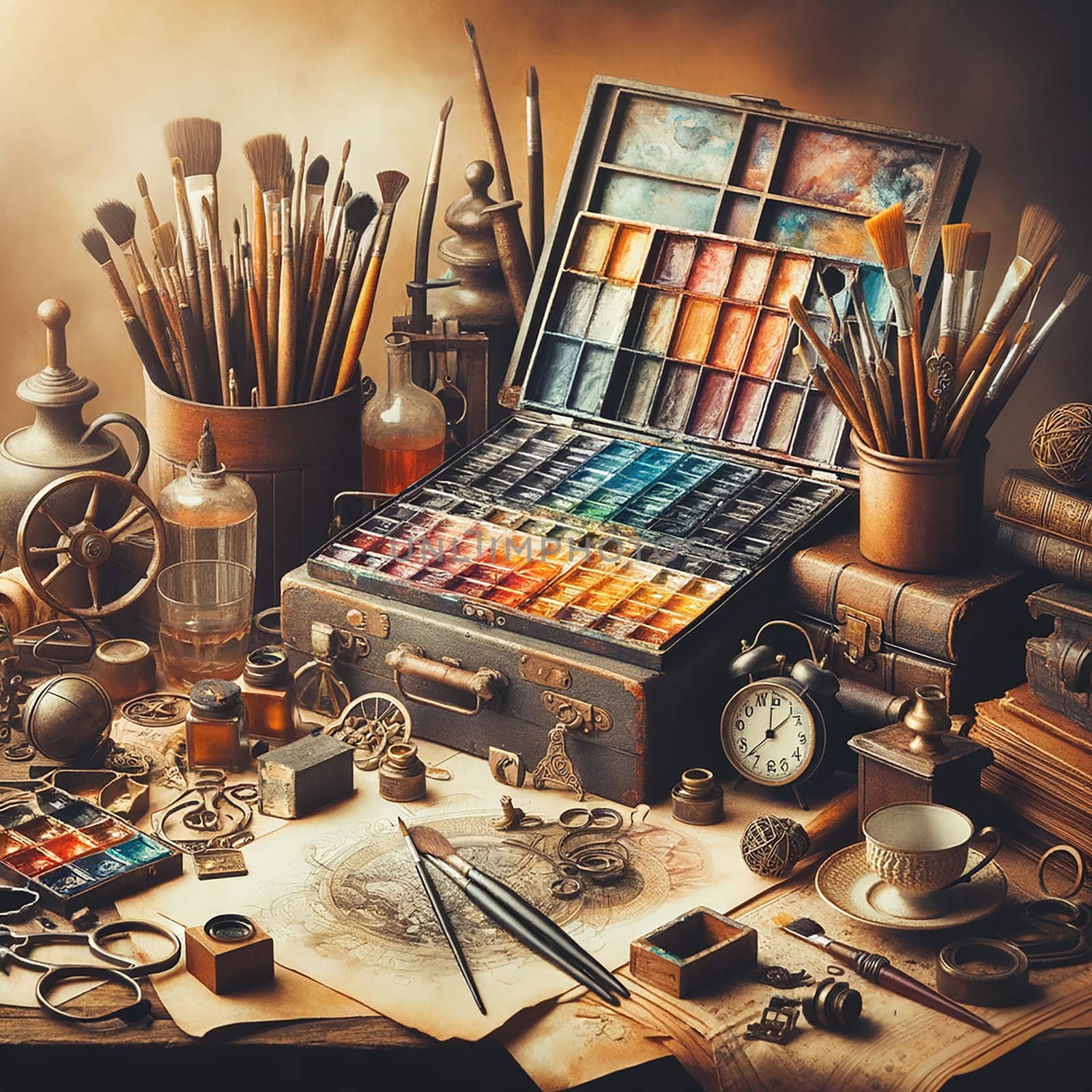 Artistic Workspace Delight: Watercolor Brushes and Paper Setup