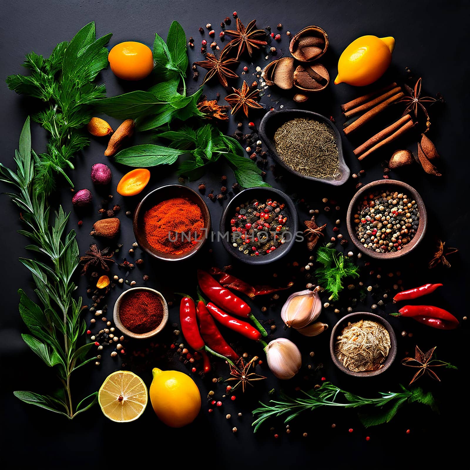 Culinary Mosaic: Diverse Herbs and Spices on Dark Background by Petrichor
