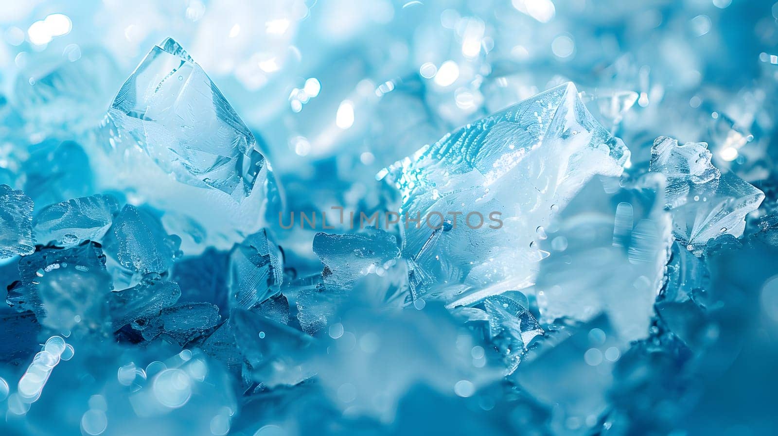 Closeup of liquid water freezing into ice cubes on an electric blue background. The natural material forms a pattern resembling a winter landscape, making it a fashionable accessory