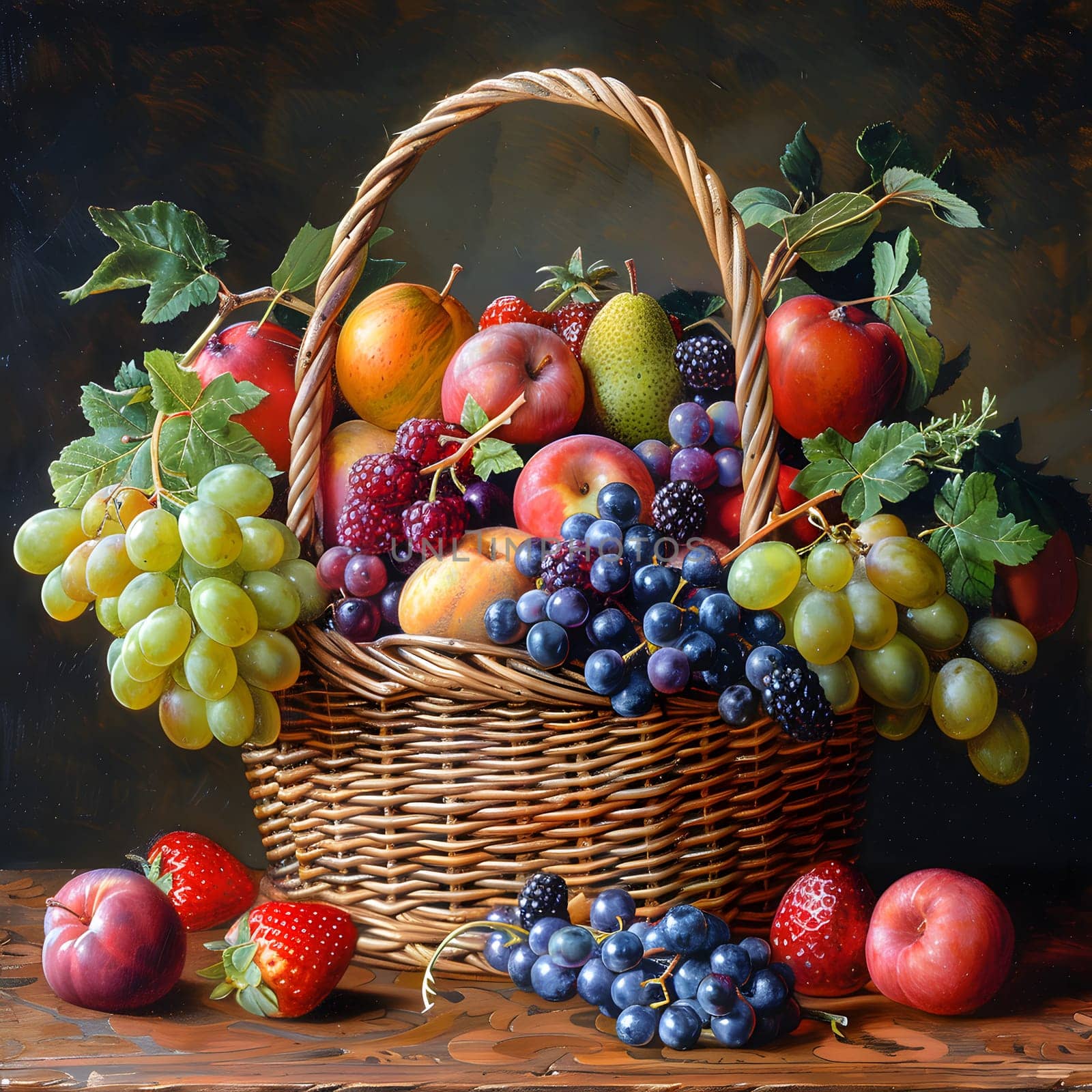 A basket filled with a variety of natural foods including seedless grapes, crisp apples, and juicy strawberries. All locally sourced produce, perfect for a wholesome snack