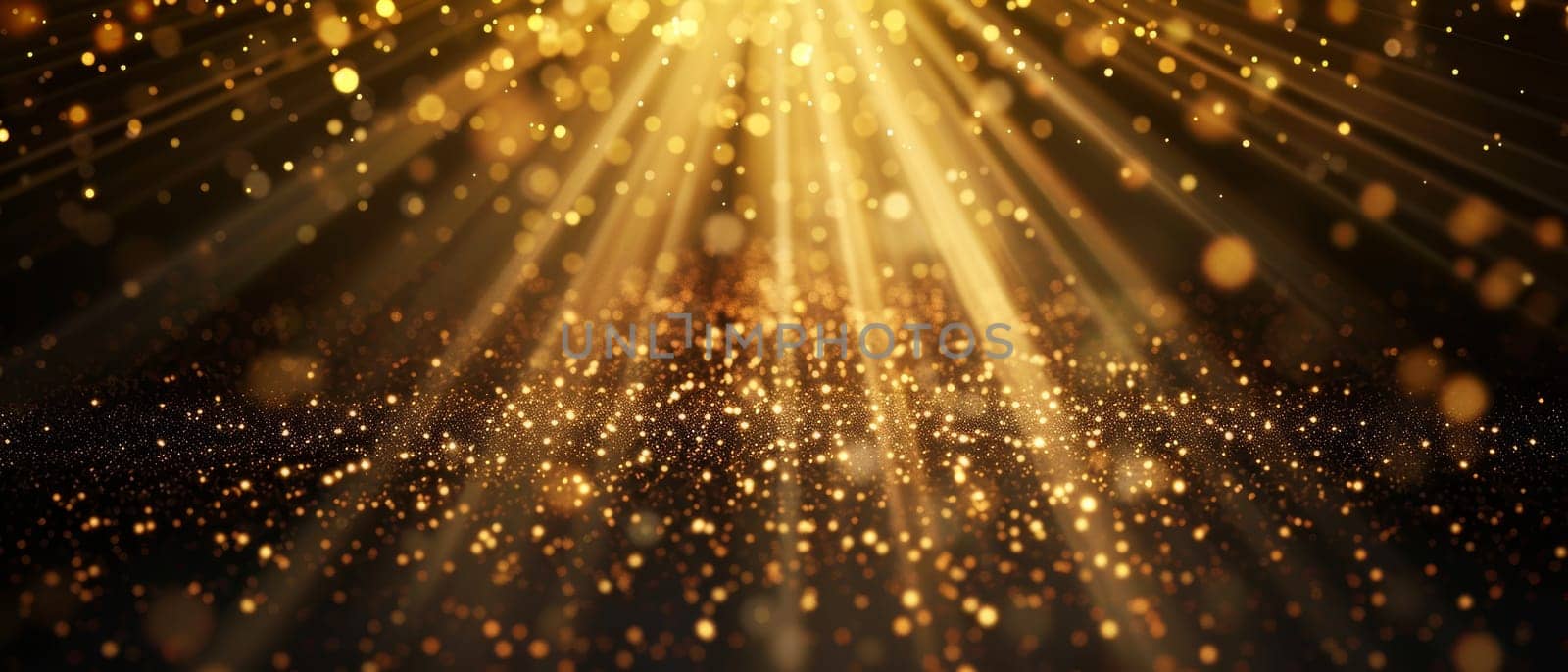 A breathtaking display of golden glitter and light rays, creating a dazzling and captivating atmosphere