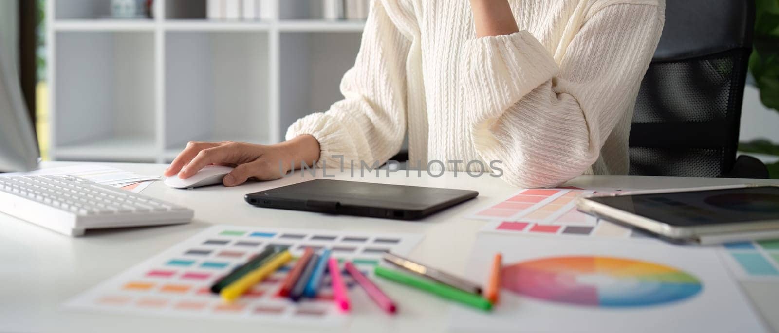 Woman graphic designer working in home office. Artist creative designer illustrator graphic skill concept by nateemee