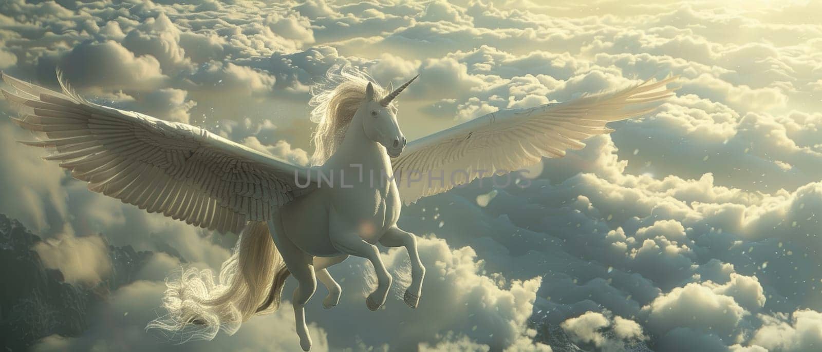 A magnificent winged unicorn majesticaly soars through the dramatic, cloud-filled skies, its powerful wings spread wide against the backdrop of towering snow-capped mountains