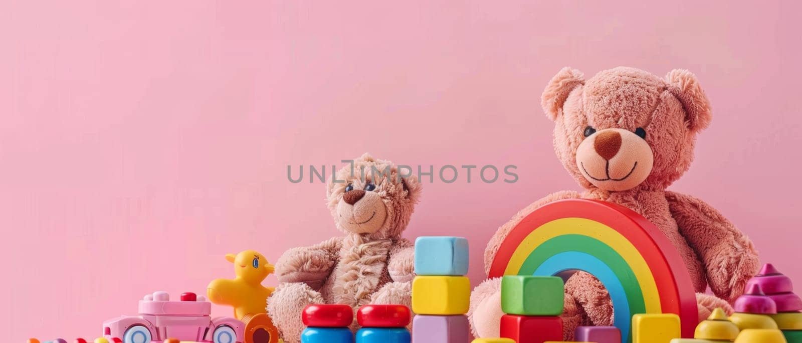 Two teddy bears seated beside a colorful array of childrens toys on a soft pink background, exuding warmth and joy. by sfinks