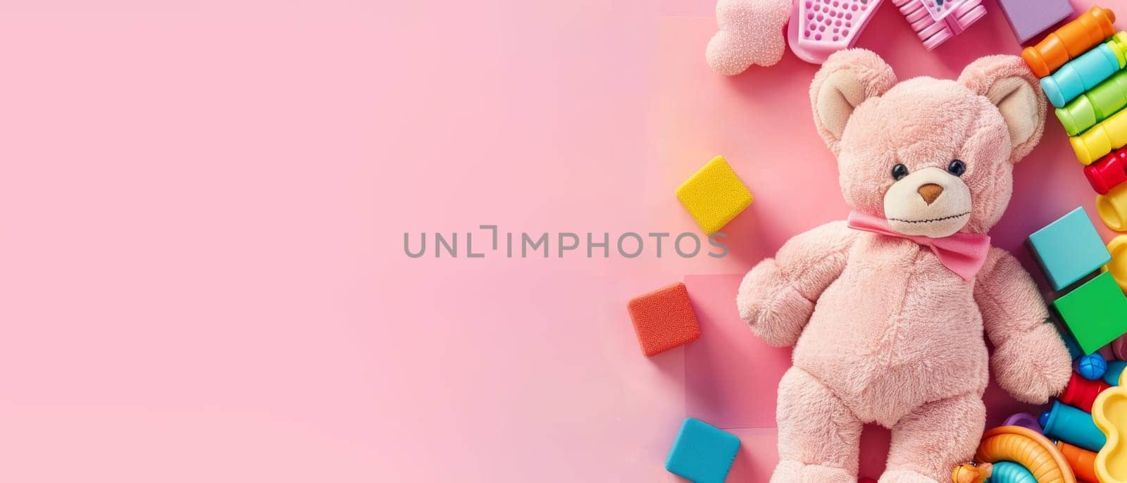 A plush teddy bear with a charming bow, surrounded by a wooden rainbow and multicolored blocks, against a pink canvas. by sfinks