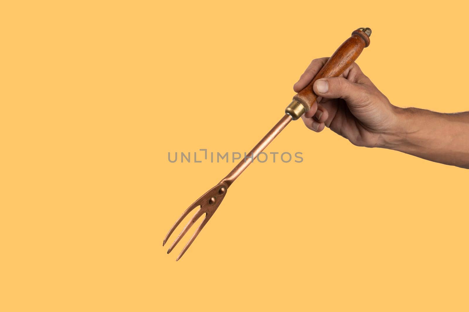 Black male hand holding a vintage brass meat fork on yellow background by TropicalNinjaStudio