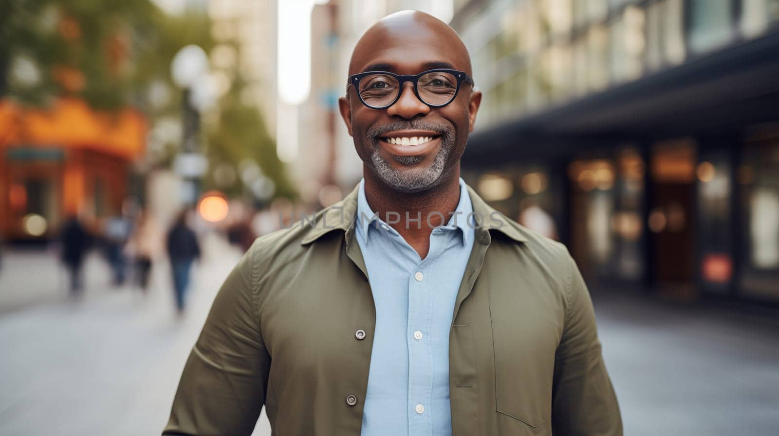 Confident happy smiling mature African businessman standing in the city, wearing casual clothes, glasses, looking at camera