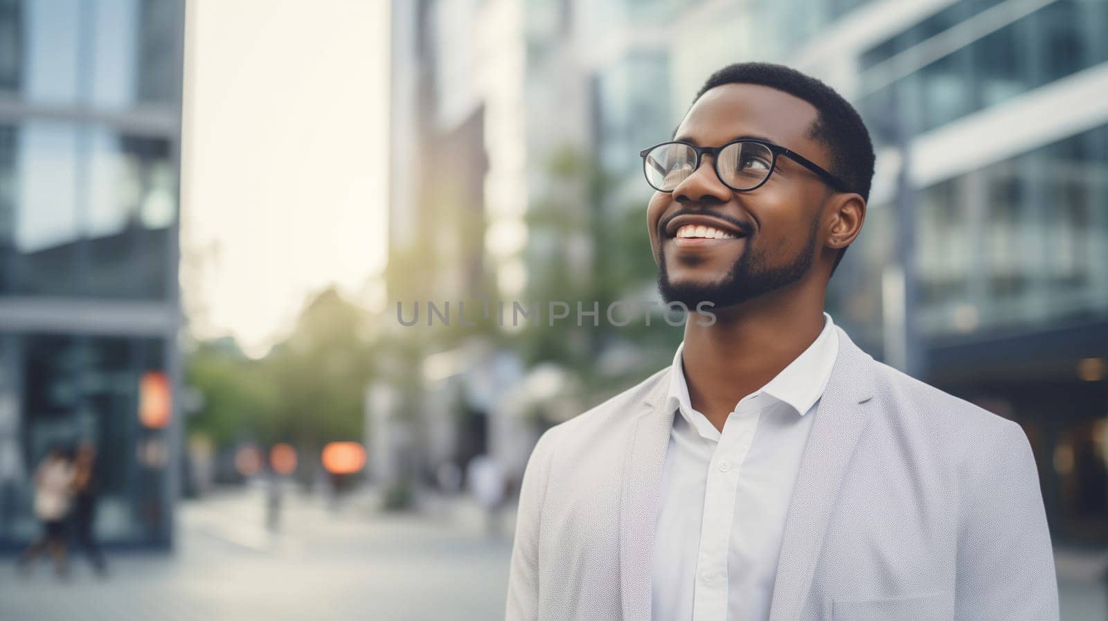 Confident happy smiling black entrepreneur standing in the city, wearing glasses, white business suit, looking away