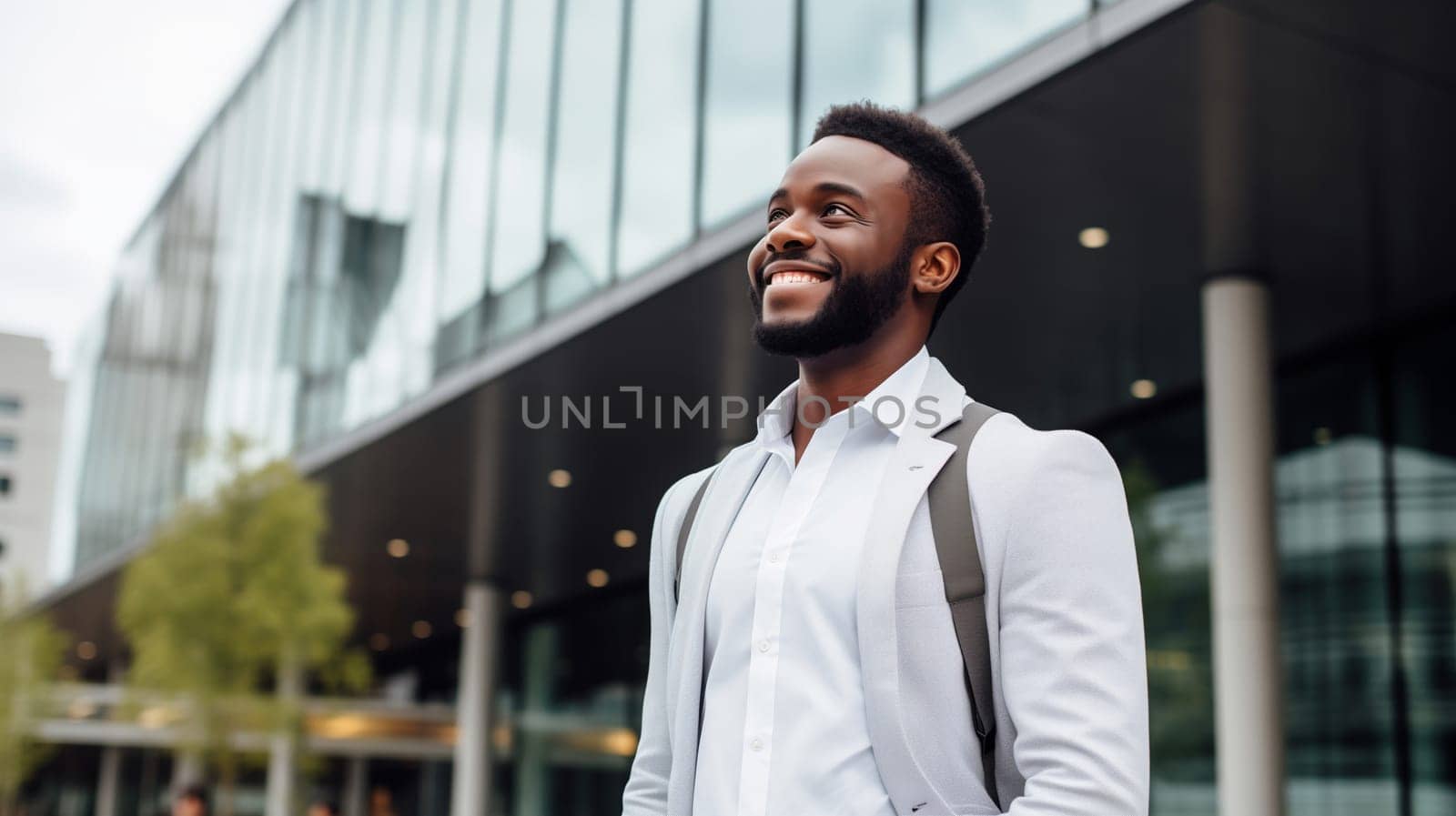 Confident happy smiling black entrepreneur standing in the city, wearing business suit and looking away