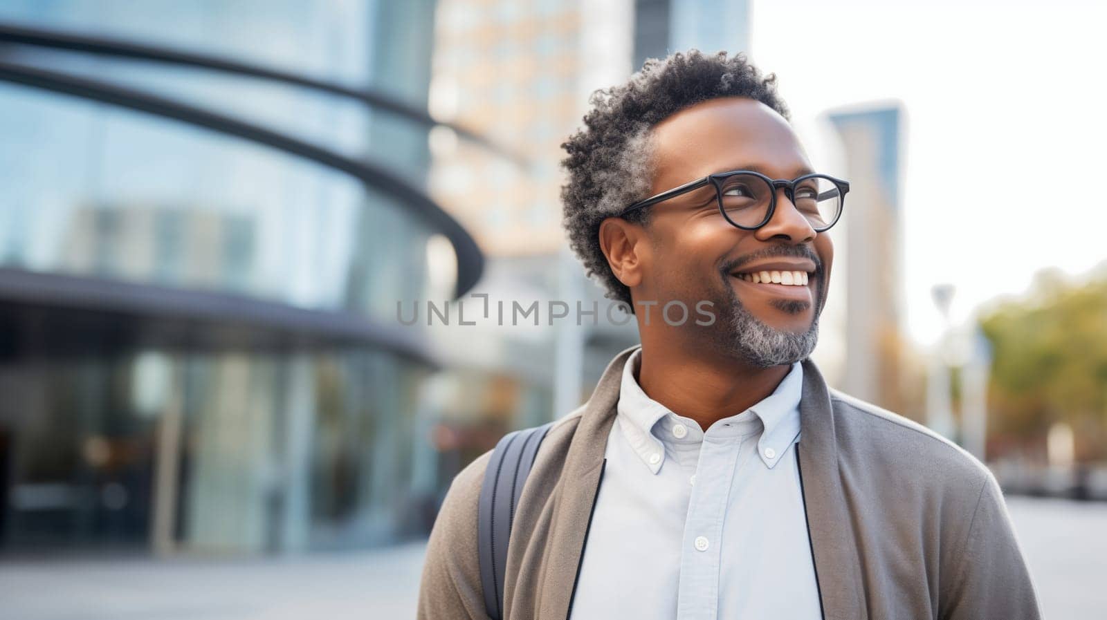 Confident happy smiling black entrepreneur standing in the city, wearing glasses, casual clothes, looking away