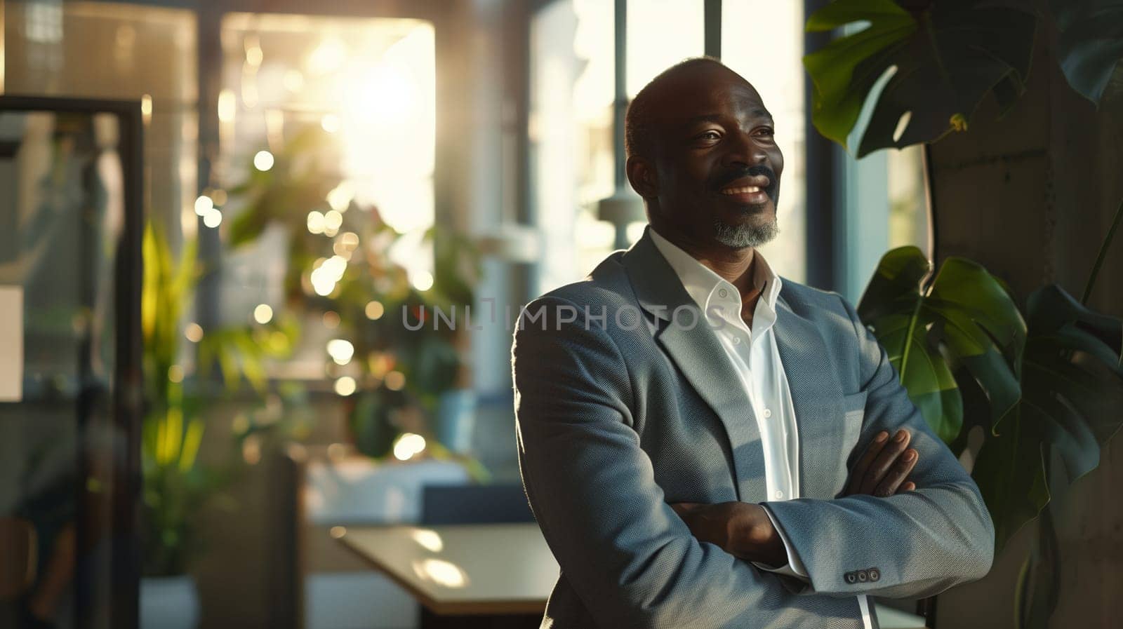 Confident strong happy smiling mature African businessman standing with crossed arms in office in the evening, wearing business suit, looking away