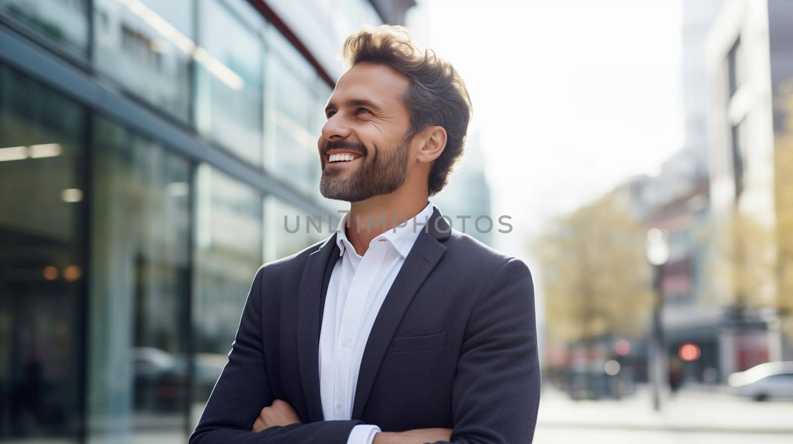 Inspired confident happy smiling businessman standing in the city, wearing business suit, looking away