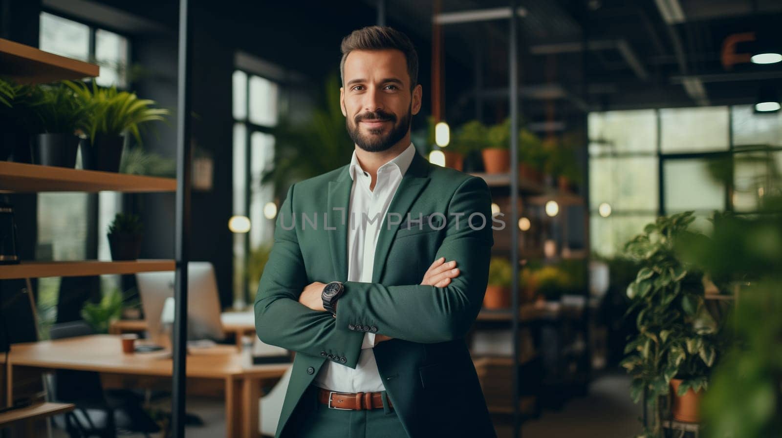 Confident happy smiling bearded businessman with crossed arms standing in eco style office with green plants, wearing business suit and looking at camera