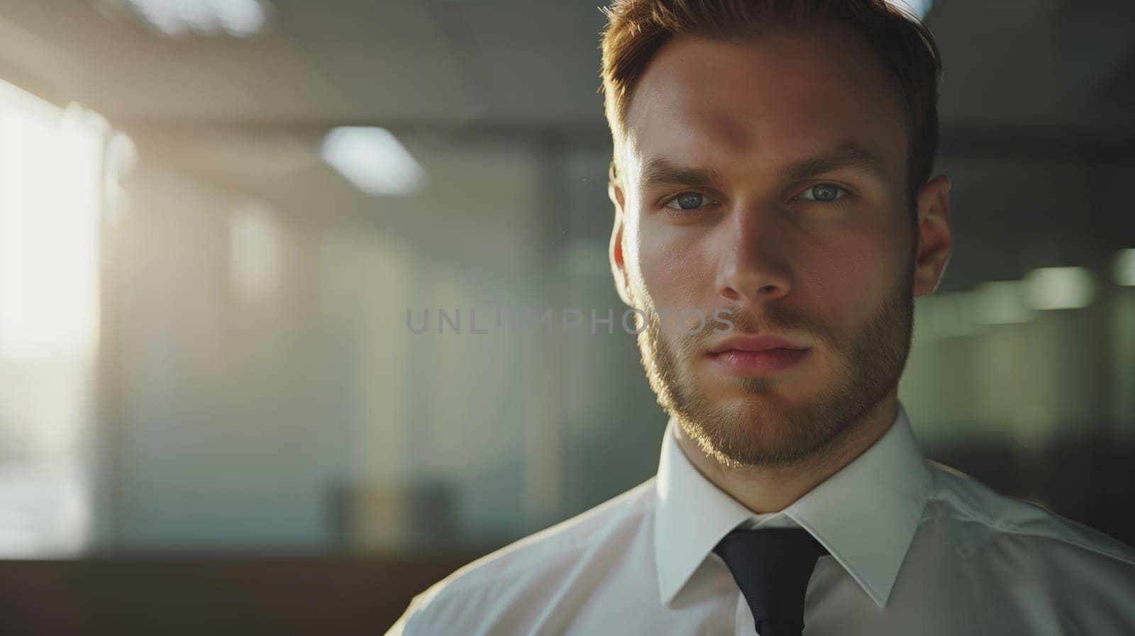 Close up portrait of confident bearded businessman in stress focused on work in office, looking at camera