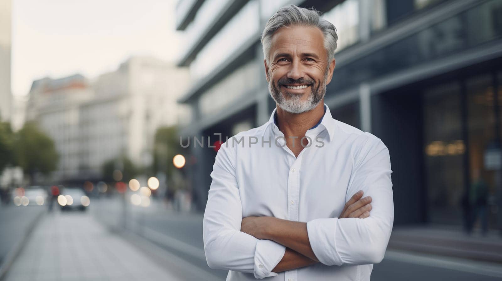 Confident happy smiling mature businessman standing with crossed arms on city street, wearing shirt, looking at camera