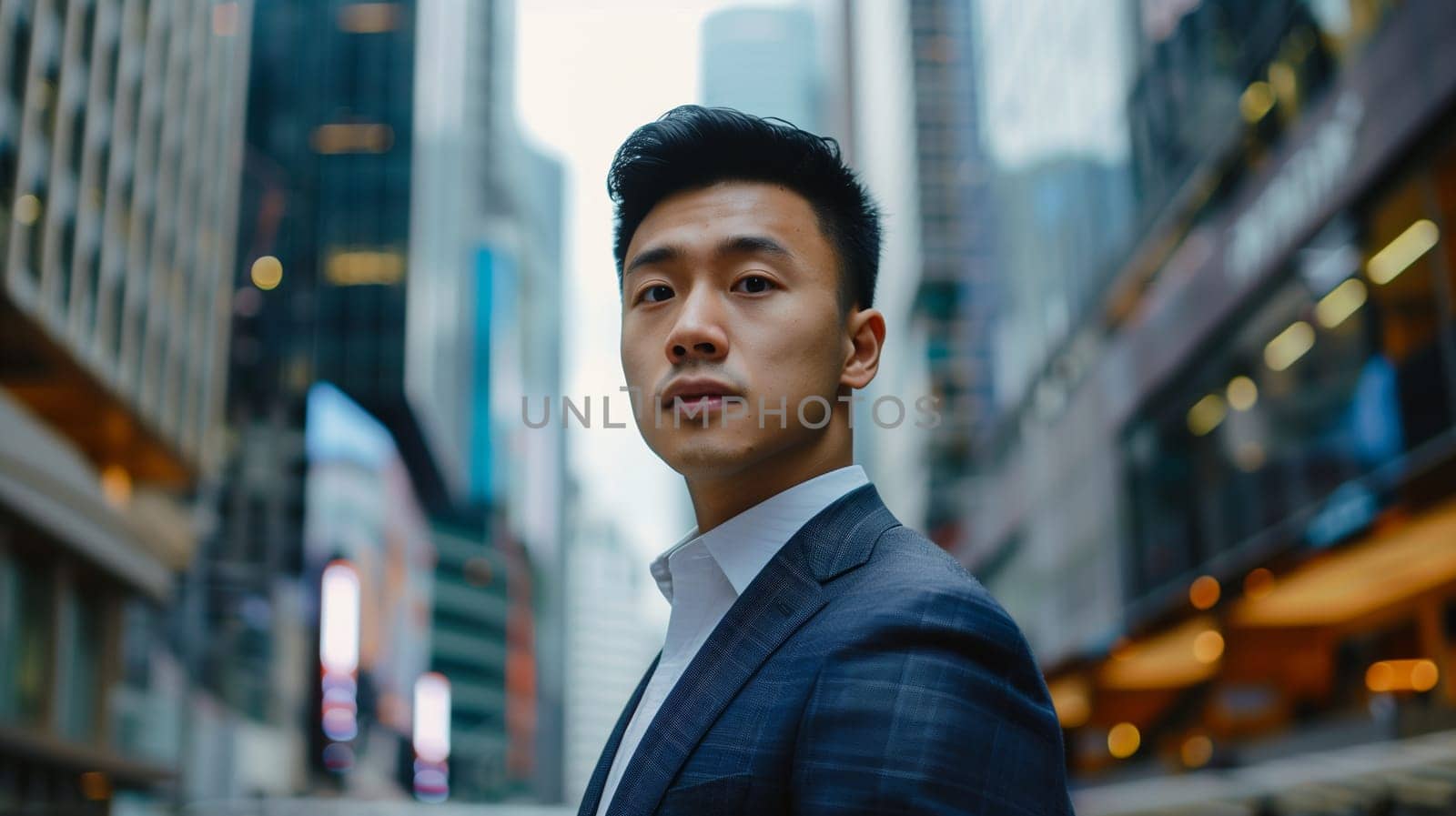 Confident young Asian businessman standing in the city, wearing business suit and looking at camera