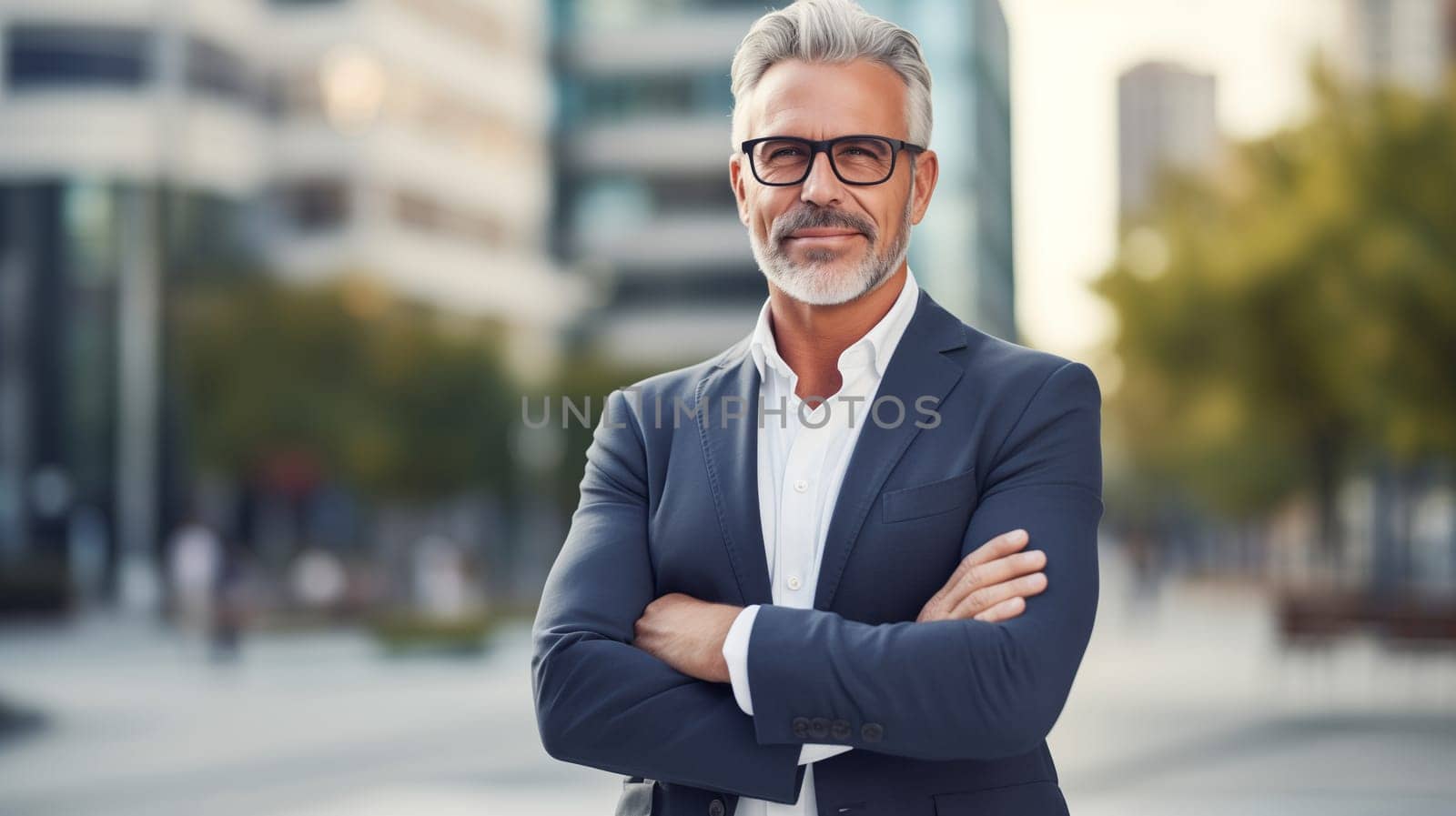 Successful handsome gray-haired mature businessman standing with crossed arms in the city, wearing business suit, glasses and looking at camera