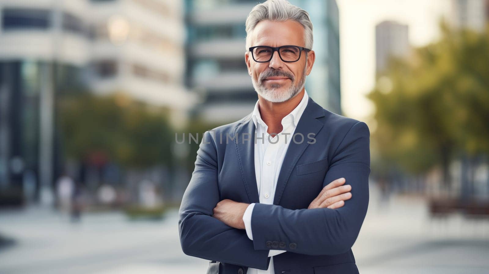 Successful handsome gray-haired mature businessman standing with crossed arms in the city, wearing business suit, glasses and looking at camera
