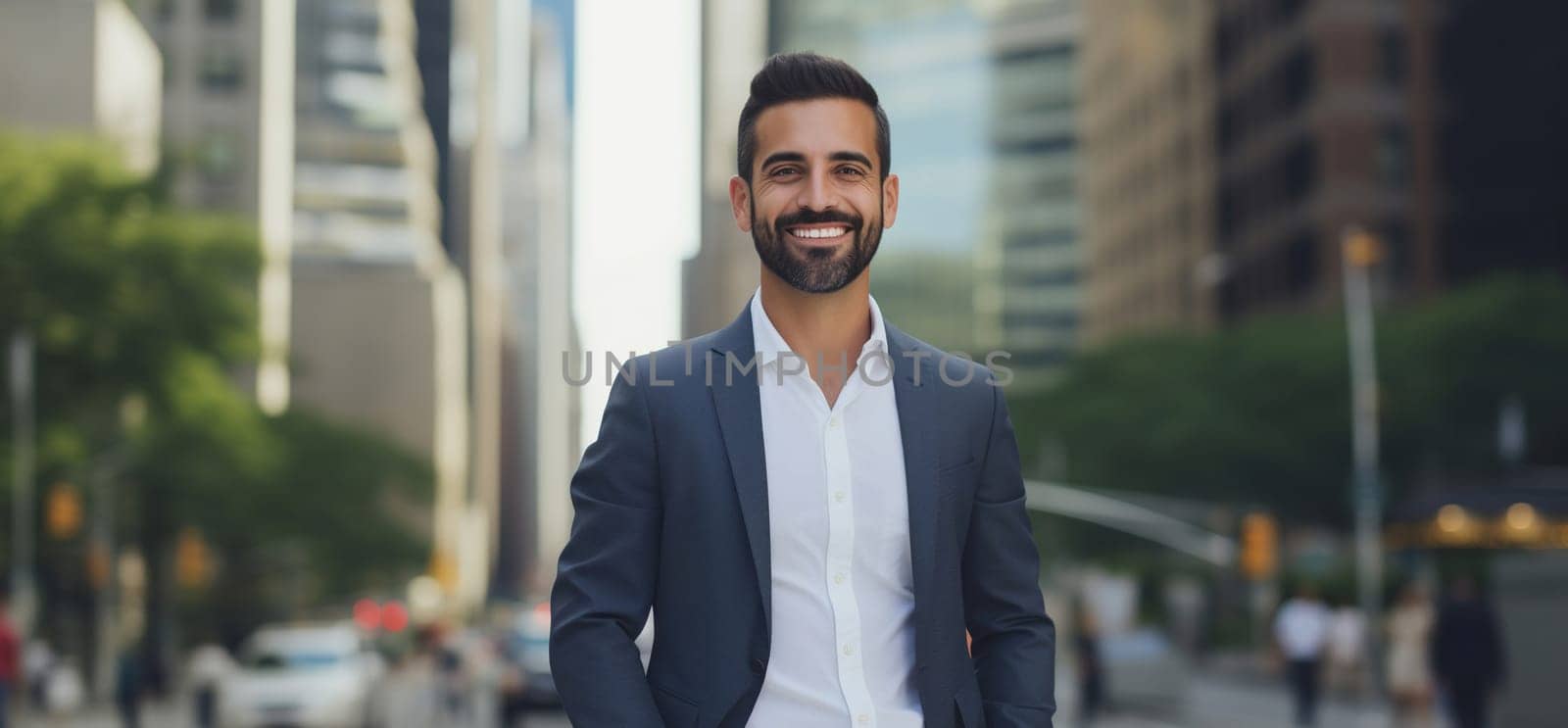 Confident happy smiling bearded mature Hispanic businessman standing in the city, wearing business suit and looking at camera