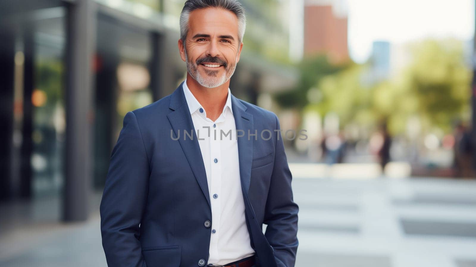 Confident happy smiling bearded mature Hispanic businessman standing in the city, wearing business suit and looking at camera