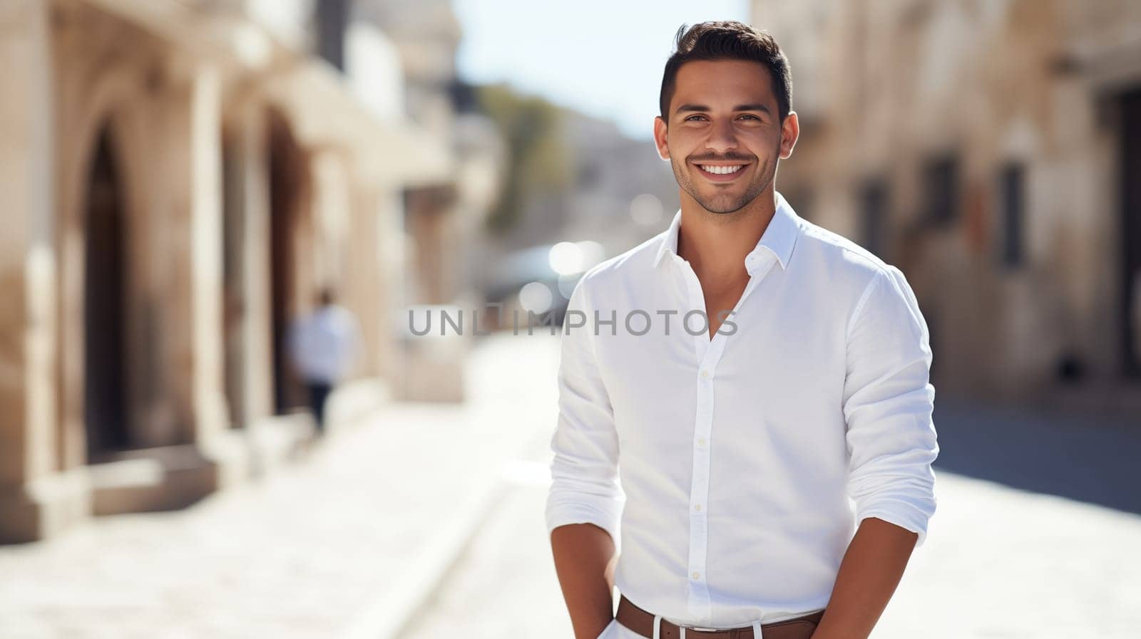 Confident happy smiling young Hispanic entrepreneur standing in sunny city, wearing white shirt and looking at camera