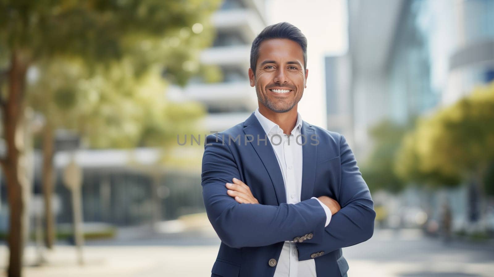 Successful happy smiling mature Hispanic businessman with crossed arms standing in the city, wearing business suit and looking at camera