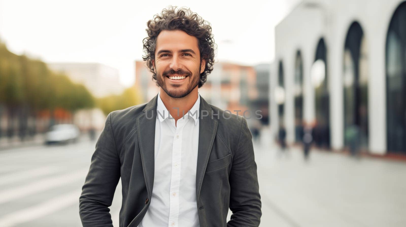 Confident happy smiling bearded mature Hispanic businessman standing in the city, wearing business suit and looking at camera