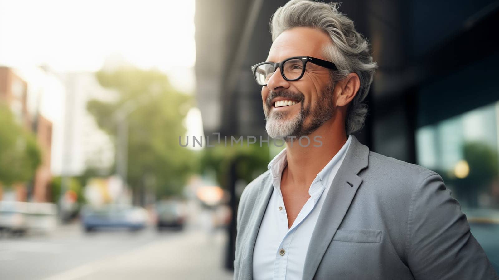 Inspired confident happy smiling mature businessman in glasses standing in the city, wearing gray business suit, looking away