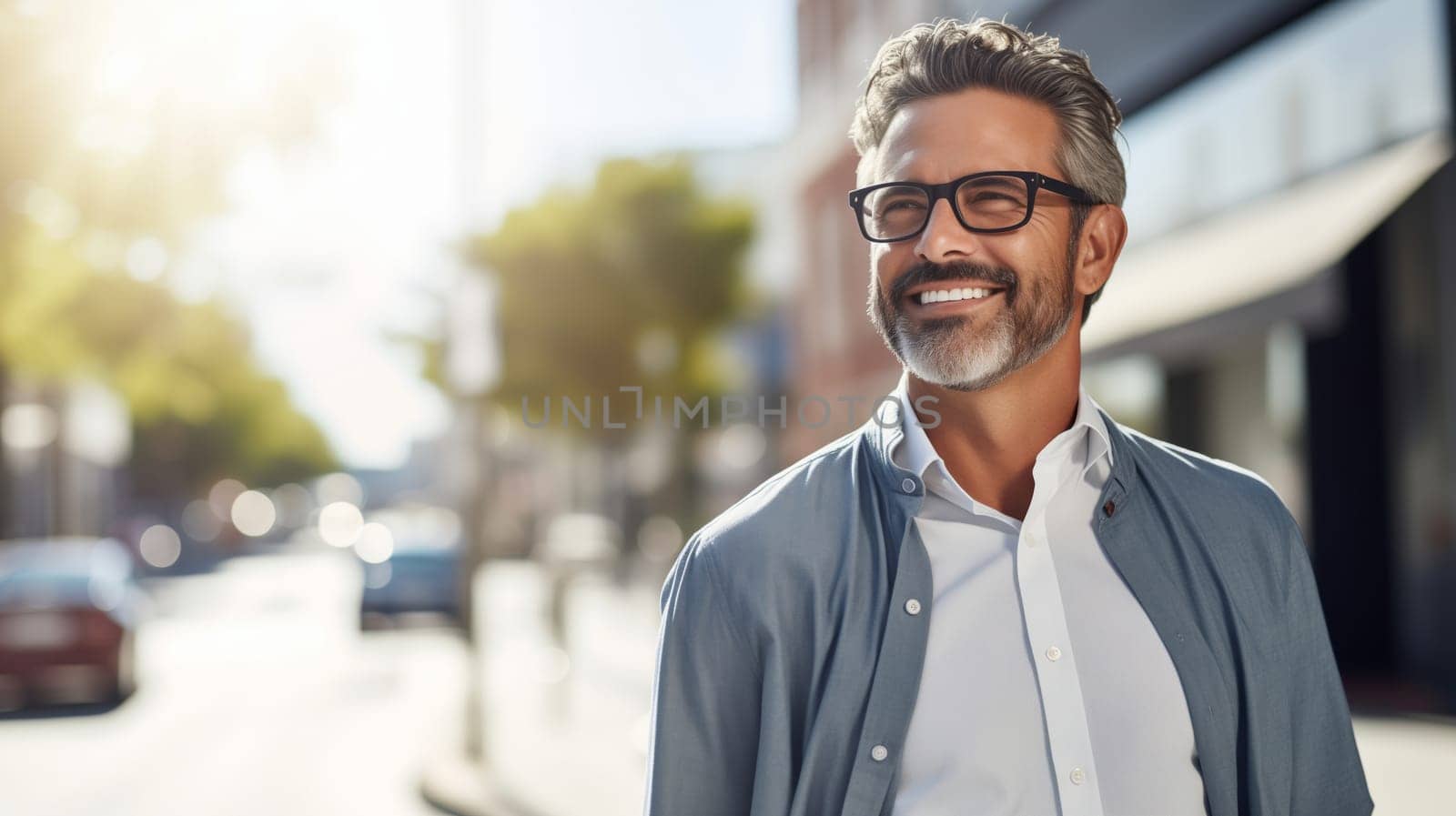 Confident happy smiling mature Hispanic entrepreneur standing in glasses in sunny city, wearing shirt and looking away