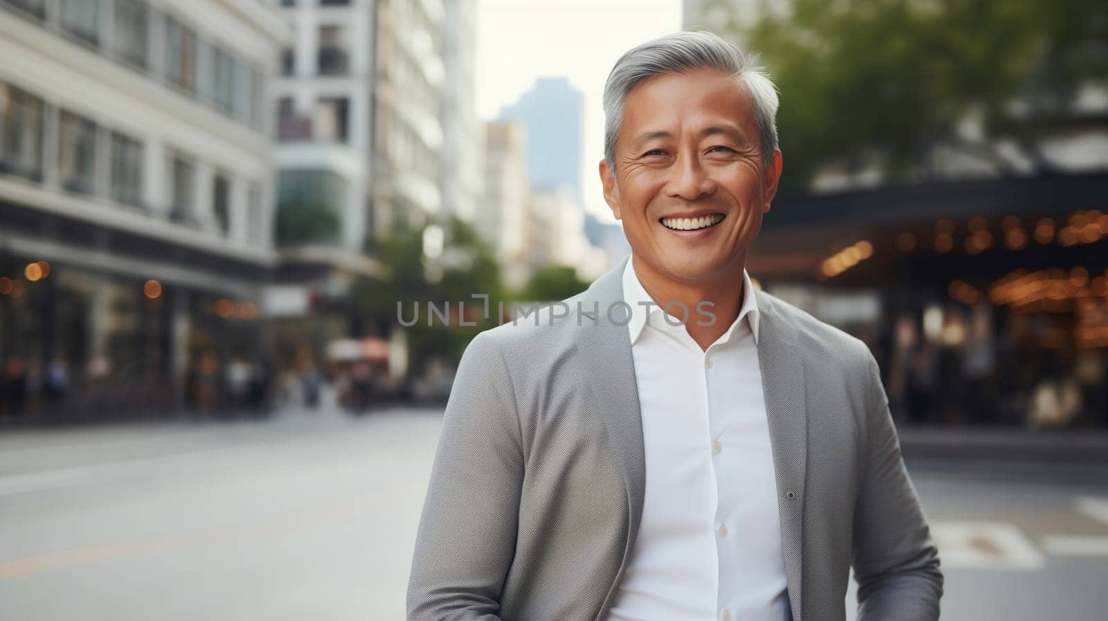 Confident happy smiling mature Asian businessman standing in the city, wearing gray business suit, looking at camera