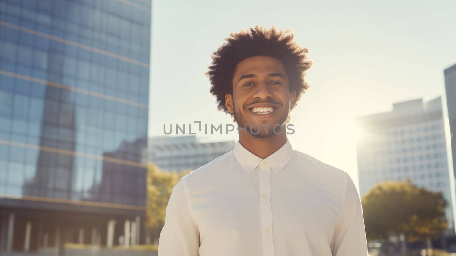 Confident happy smiling young black entrepreneur standing in sunny city, wearing white shirt, against building and looking at camera