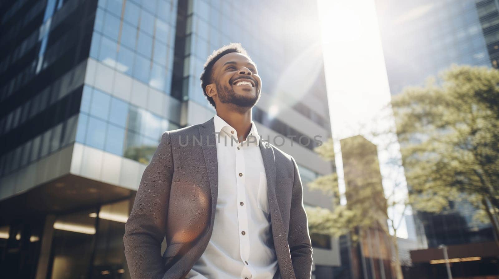 Confident happy smiling black entrepreneur standing in the city, wearing business suit and looking away