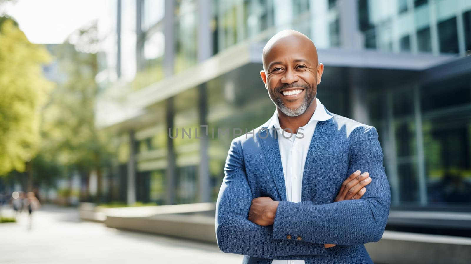 Successful strong happy smiling mature African businessman standing in the city, wearing blue business suit, looking at camera