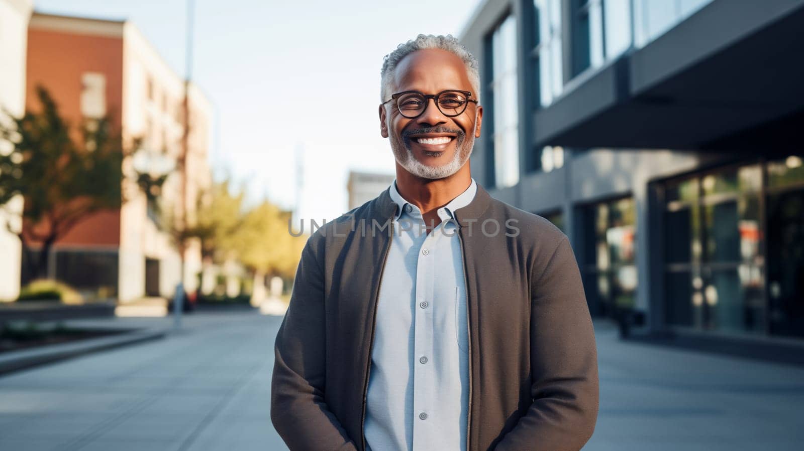 Confident happy smiling mature African businessman standing in the city, wearing casual clothes, glasses, looking at camera