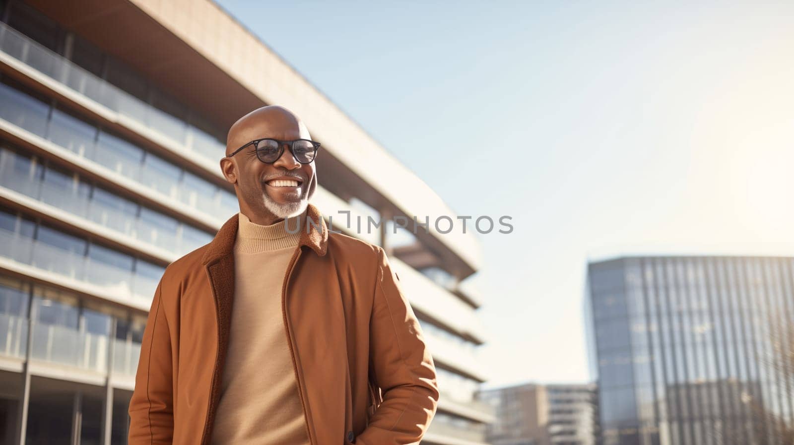 Confident happy smiling mature black entrepreneur standing in the city, African businessman wearing casual clothes, glasses outdoors looking away
