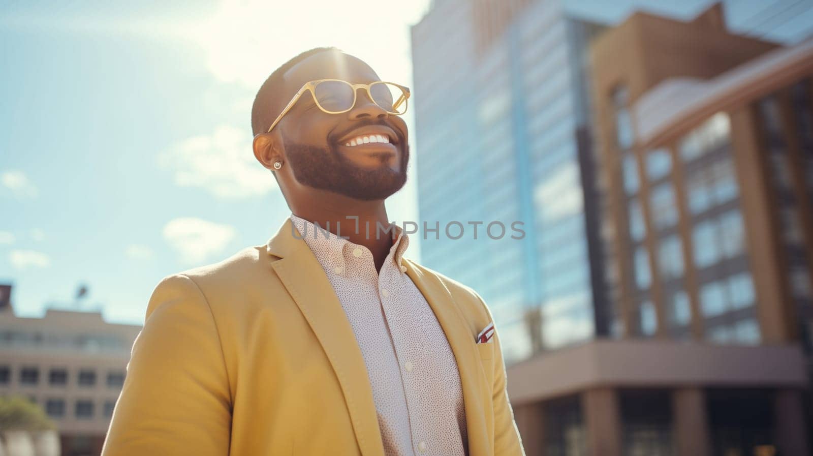 Stylish cheerful happy smiling black entrepreneur standing in the city, wearing glasses, yellow business suit and looking away