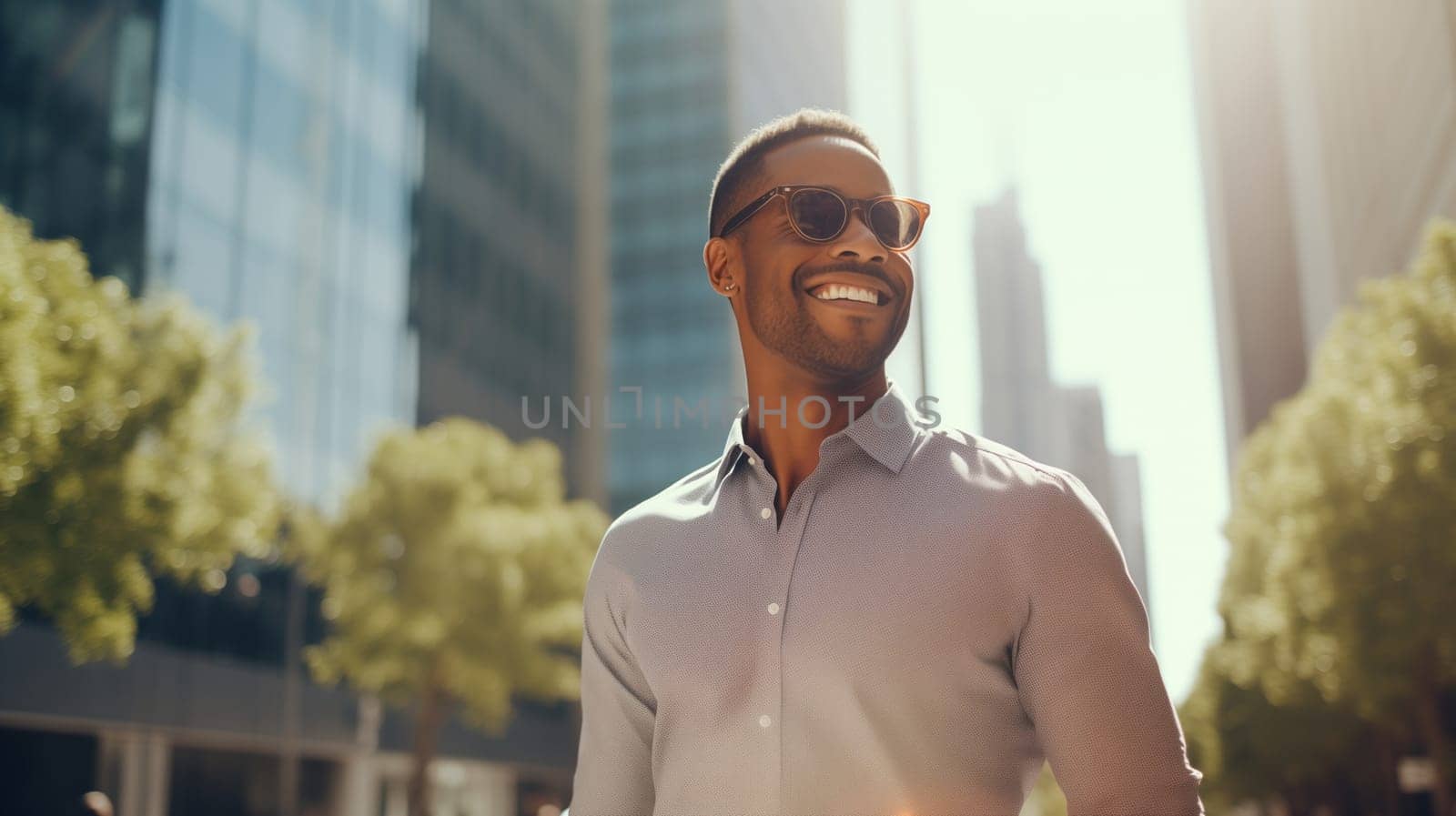 Confident happy smiling black entrepreneur standing in the city, wearing glasses, shirt and looking away